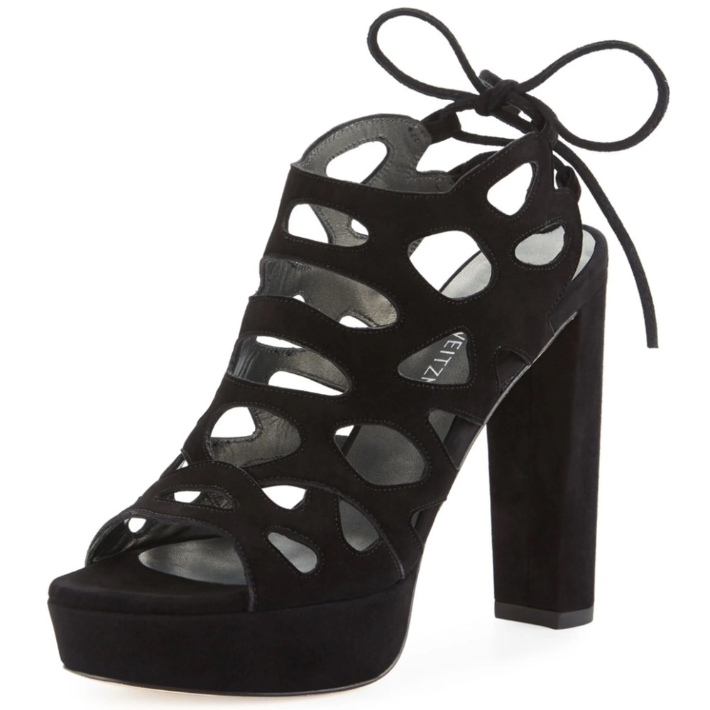 Stuart Weitzman Wildcat Laser-Cut Suede Sandals in Black